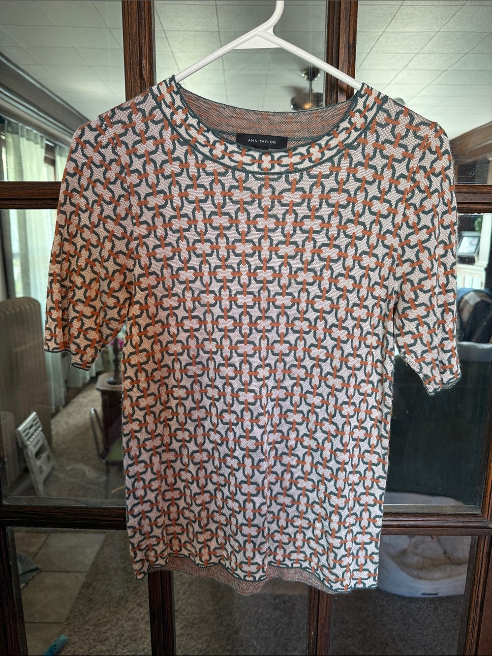 Ann Taylor Womens Short Sleeve Geometric Chain Link Knit Top Rust Olive Small
